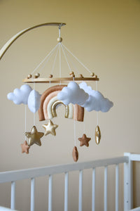 Rainbow baby mobile with colden and brown stars, stars and clouds mobile, nursery baby mobile, baby shower gift, boho nursery decor, boho