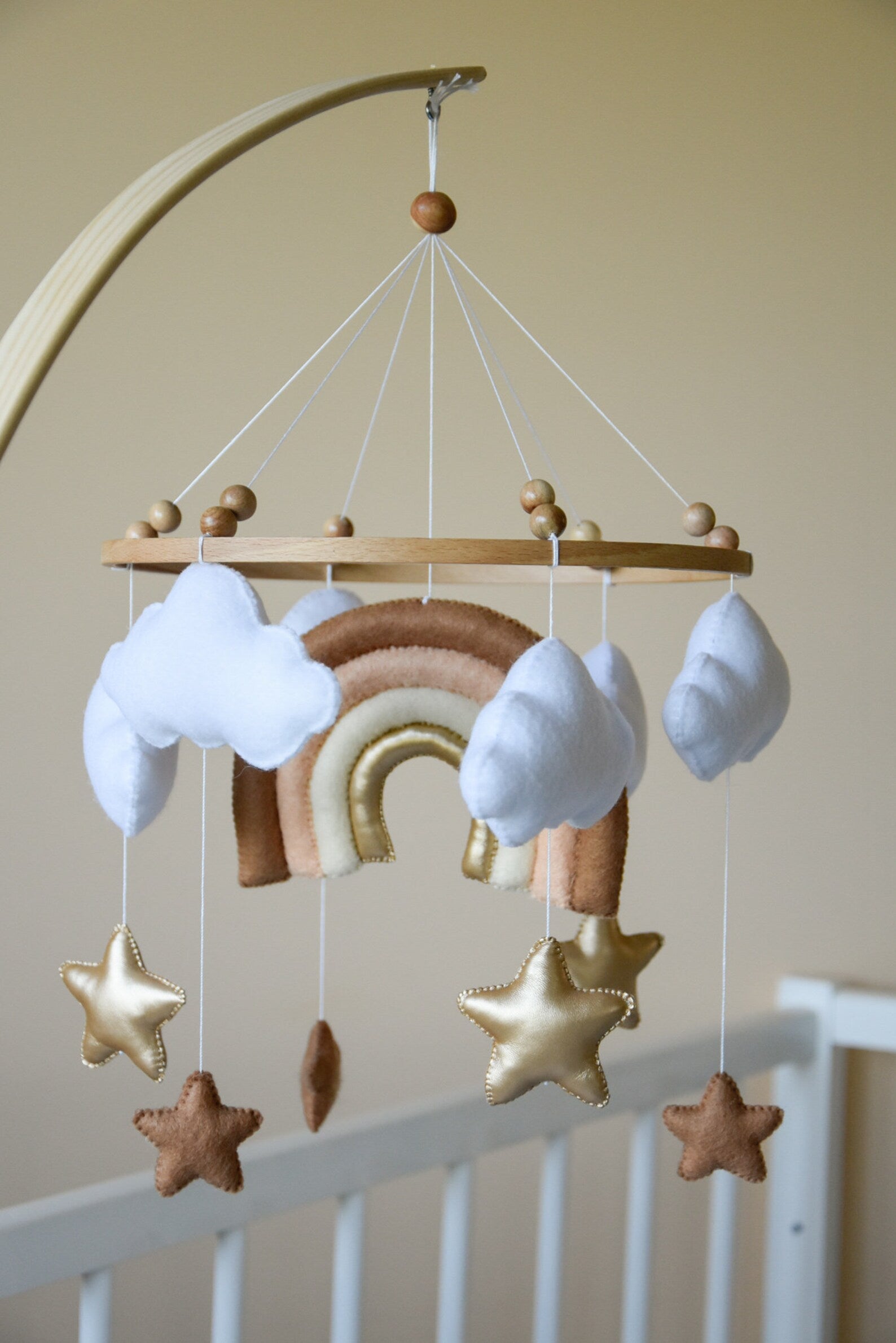 Rainbow baby mobile with colden and brown stars, stars and clouds mobile, nursery baby mobile, baby shower gift, boho nursery decor, boho