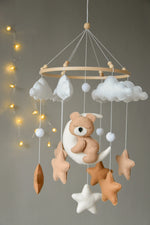 Load image into Gallery viewer, Beige , brown baby mobile with sleeping bear, Baby bear nursery mobile, Moon, stars and clouds crib mobile, Boho nursery mobile, Animals
