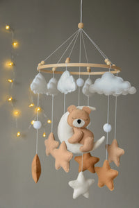 Beige , brown baby mobile with sleeping bear, Baby bear nursery mobile, Moon, stars and clouds crib mobile, Boho nursery mobile, Animals